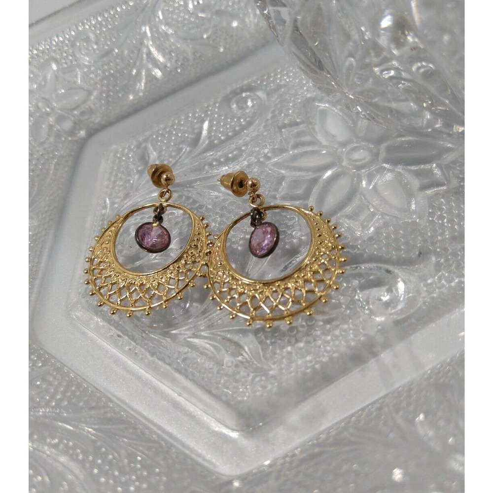 Vintage Pink Rhinestone Filigree Gold Tone Earrings